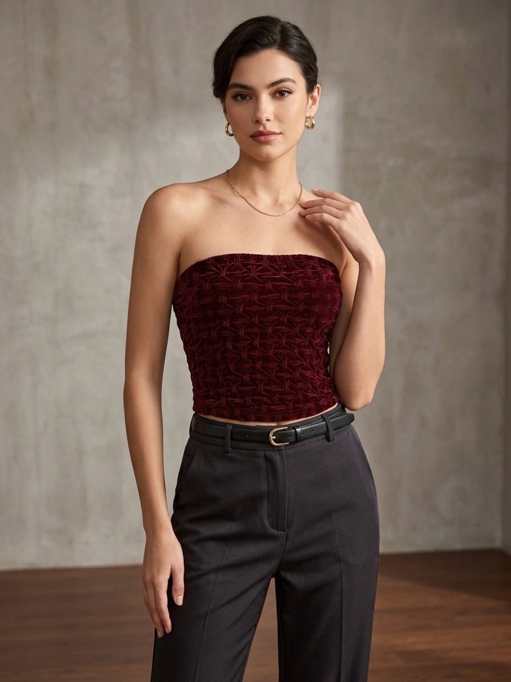 VTG Moda International Velvet Tube Top Smocked Burgundy Wine Y2K Medium